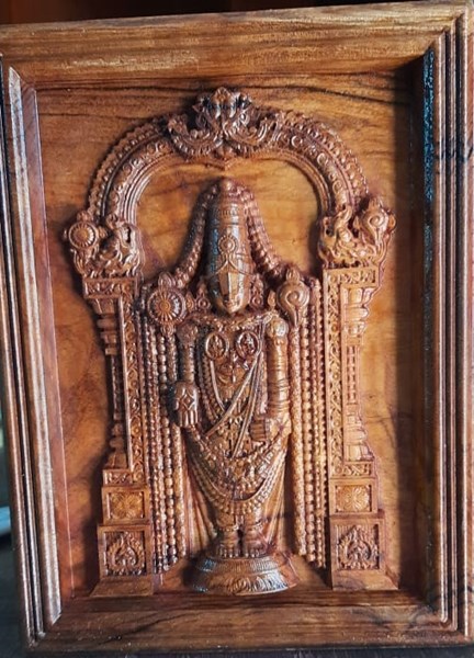 Picture of Lord Balaji - Wooden Statue - Natural Wood - Carving - 12 * 12 inch | Shivan Wooden Frame